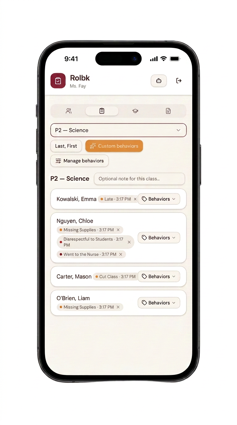 Rolbk Mark tab open on an iPhone, showing a class list with behavior marks